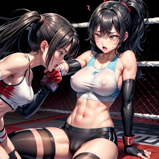 punch, punch, punch. life or death struggle. survival battle. dynamic exciting action in the octagon ring. whole body picture. two bloody beautiful Japanese high school student girl fighters are looking at each eyes. they are beating each other so hard. their punches to each other's faces.. they are covered in scars and bruises. they are damaged terribry. Short-cut black hair, out of breath, drooling from mouth, one eye closed, exhausted, drenched in sweat. Erect nipples. open finger glove. sports-bra, high-leg panty. Stockings. armwarmers. Excellent proportion body.