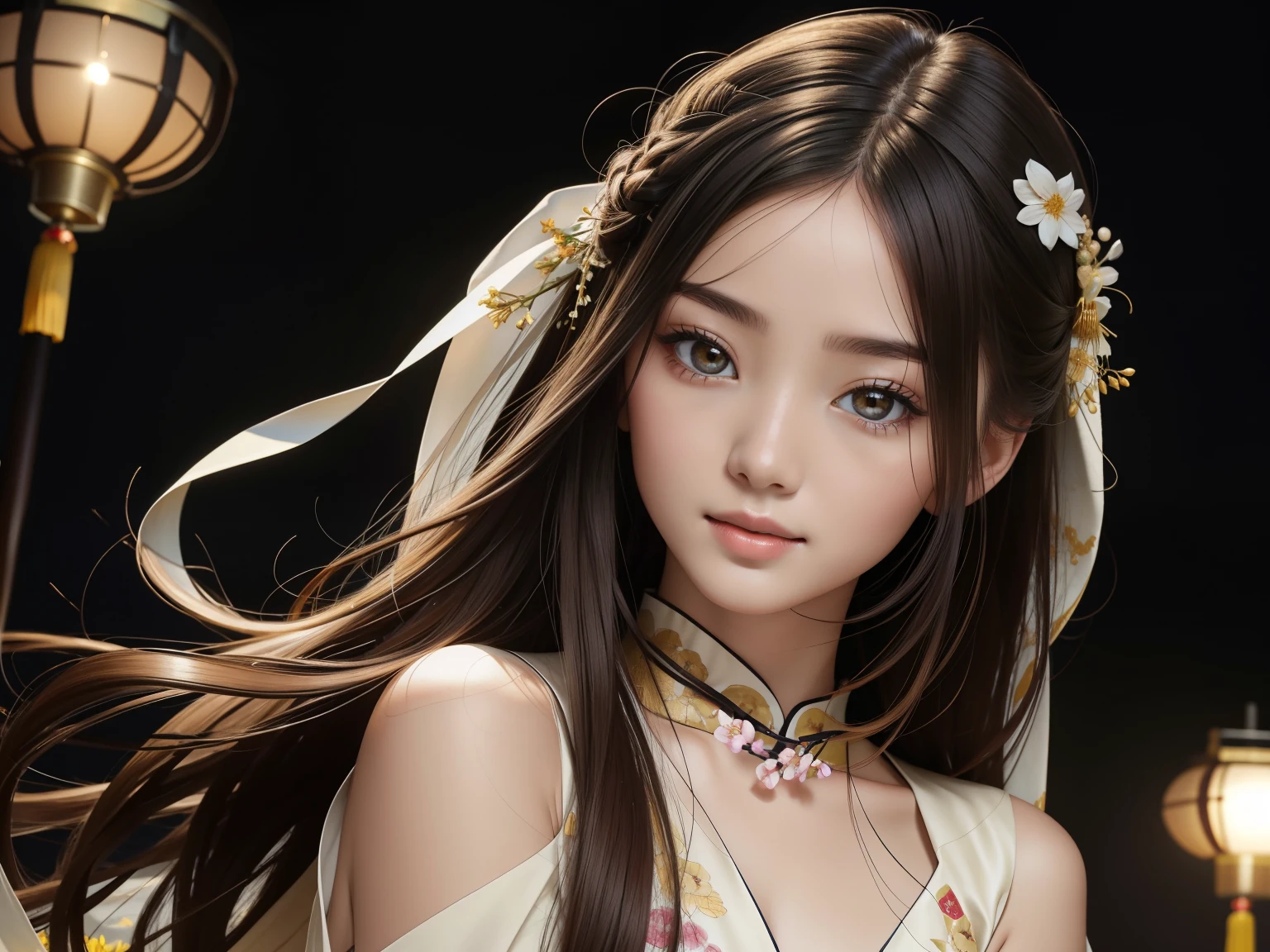 best quality,masterpiece,ultra high resolution,(realism:1.4),RAW photographer,1 girl,chinese hanfu,slim thighs,Fine Fine Skin,A field of flowers in full bloom,glowing skin,light smile,(It's a perfect face,perfect hands),best quality, masterpiece, ultra high resolution,