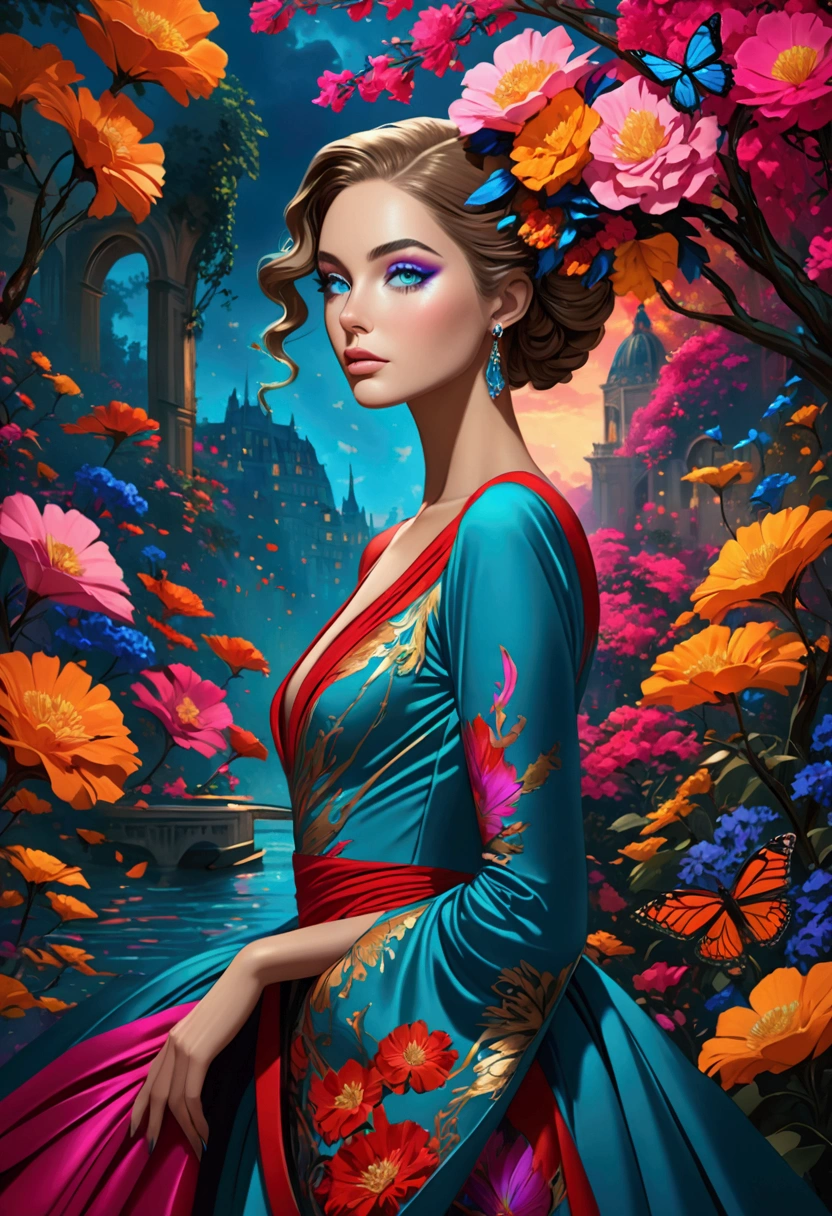 Beautiful Parisian female model,Flowing magic realism dress,Detailed facial features,High Fashion,Elegant posture,Complex design,Eye-catching makeup,Dramatic lighting,Fantasy Background,Vibrant colors, ((Inspired by Megan Hess)), Concept Art, (best quality,4K,8k,highres,masterpiece:1.2)