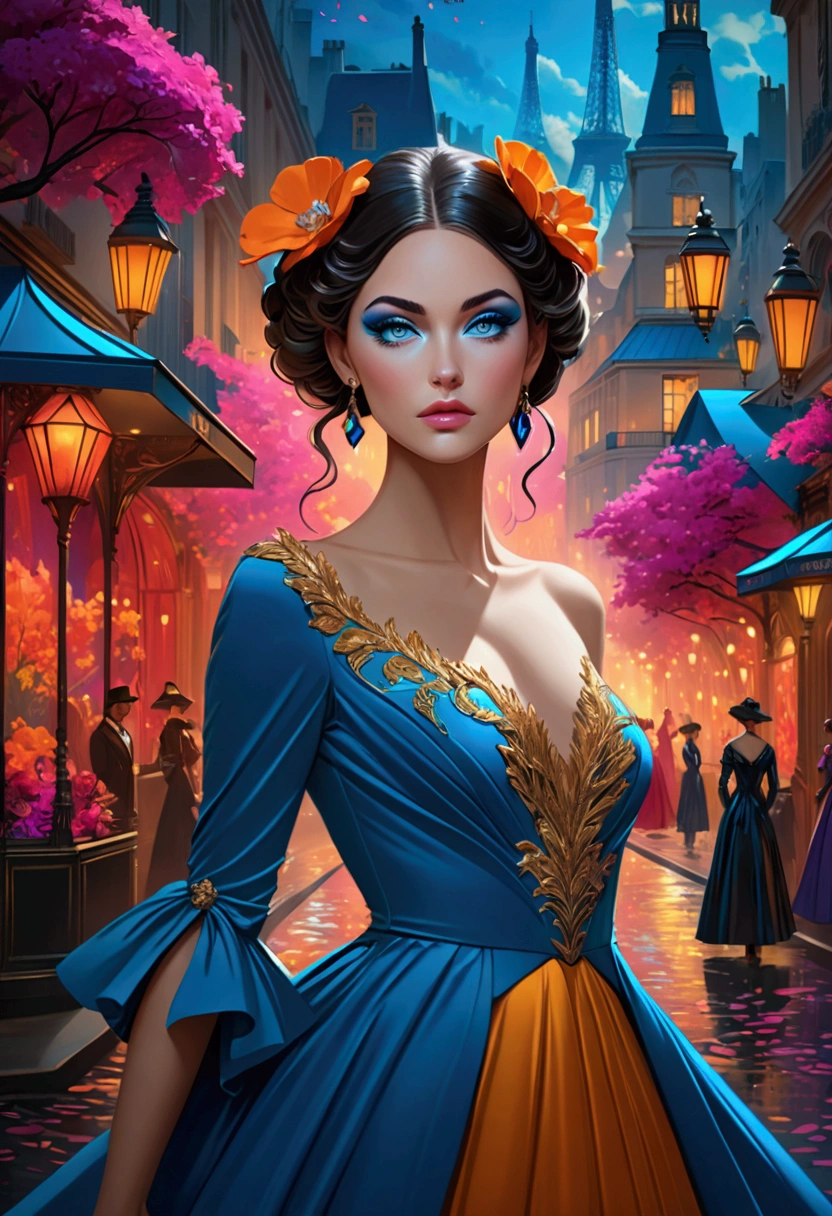 by Julien Arnal,Abstract Pictorial,Cartoon illustration,Sequins,Ambilight,Healing gouache,Starry Sky,Dark night shimmer,Youth Manga,Bright tones,gorgeous,Beautiful illustrations,Morandi color tone,Beautiful model catwalk,Performing dance steps。Wearing Ming Dynasty Hanfu,玫瑰Long skirt,Princess dress,gorgeous复古宫廷风格连衣裙,Long skirt,超Long skirt,- Wide hem,Long skirt下摆接近地面,The style is a high-end dress from the Hanfu Fashion Week,Haute couture,Private custom,Fashion show model,Big show,Tulle accessories on skirt。Necklace on the neck,short hair,Hair up,Headdress,big eyes,It's beautiful,((There was only one female model on the catwalk)),Men and women make up a large part of,The runway is covered with flowers,Background covered with flowers,Female model with a smile on her face,Standing,Elegant and dignified posture,8k,Ultra HD,masterpiece,precise,Textured Skin,High Detail,Best quality,Awards,Long Shot,Sense of distance,(Vector illustration:1.5)