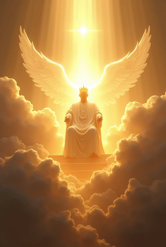 Create a heavenly vision inspired by Acts 7:55, with the glory of God at the center, surrounded by clouds and angels. God the Father is seated on a golden throne, wearing a crown, with Jesus at his right hand, also crowned. Instead of faces, show an intense glow of light that completely hides their faces. Use soft cores, bright and golden to create an atmosphere of spirituality and divine majesty.
