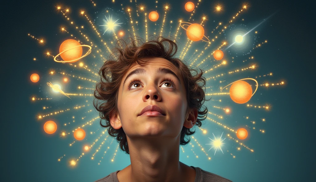 A person with a curious expression, surrounded by floating symbols of Mercury and Gemini. The background features a burst of information and communication symbols, conveying mental agility. -ar 16:9