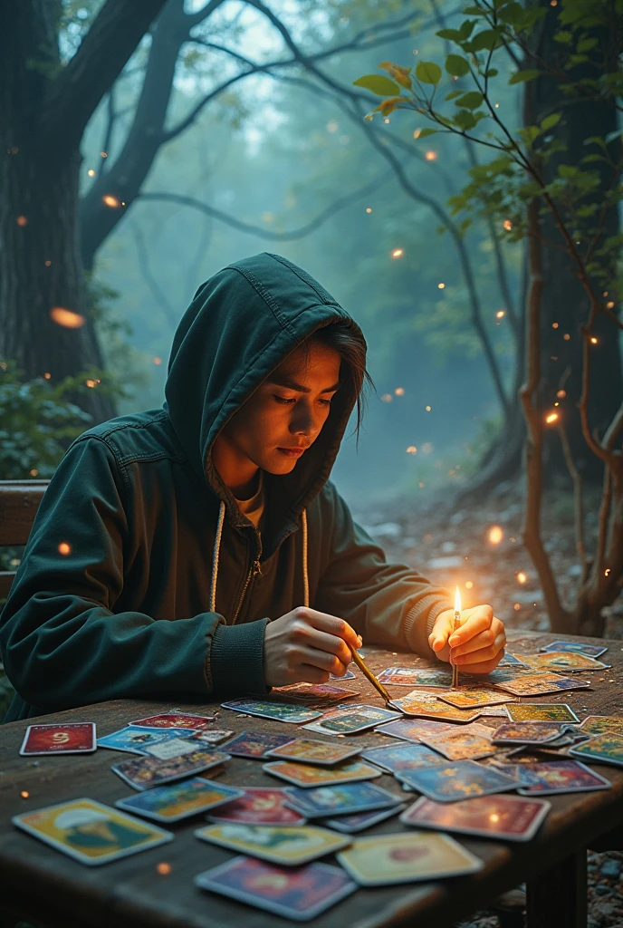(Card Game design:1.2), Scattered cards, A player is immersed in the fantasy world of a card game, surrounded by his imagined characters and scenes. Using surrealistic filming techniques to create a dreamlike visual effect, RAW photo, color graded, surreal, (captivating chiaroscuro:0.1), dynamic movement, full body, award-winning, cinematic still, emotional, dynamic, vivid, (masterpiece, best quality, photorealistic, Professional, perfect composition, very aesthetic, absurdres, ultra-detailed, intricate details:1.3)