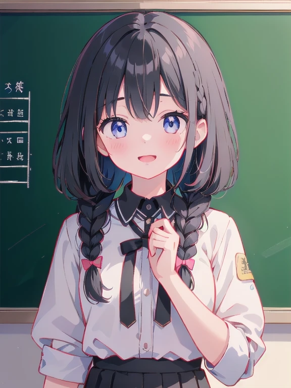 Highest quality、Detailed face and eye depiction、Girl with braided black hair、Beautiful face and eyes in every detail、In uniform、classroom、In front of the blackboard、The girl turns to me with a chalk in her hand and laughs.