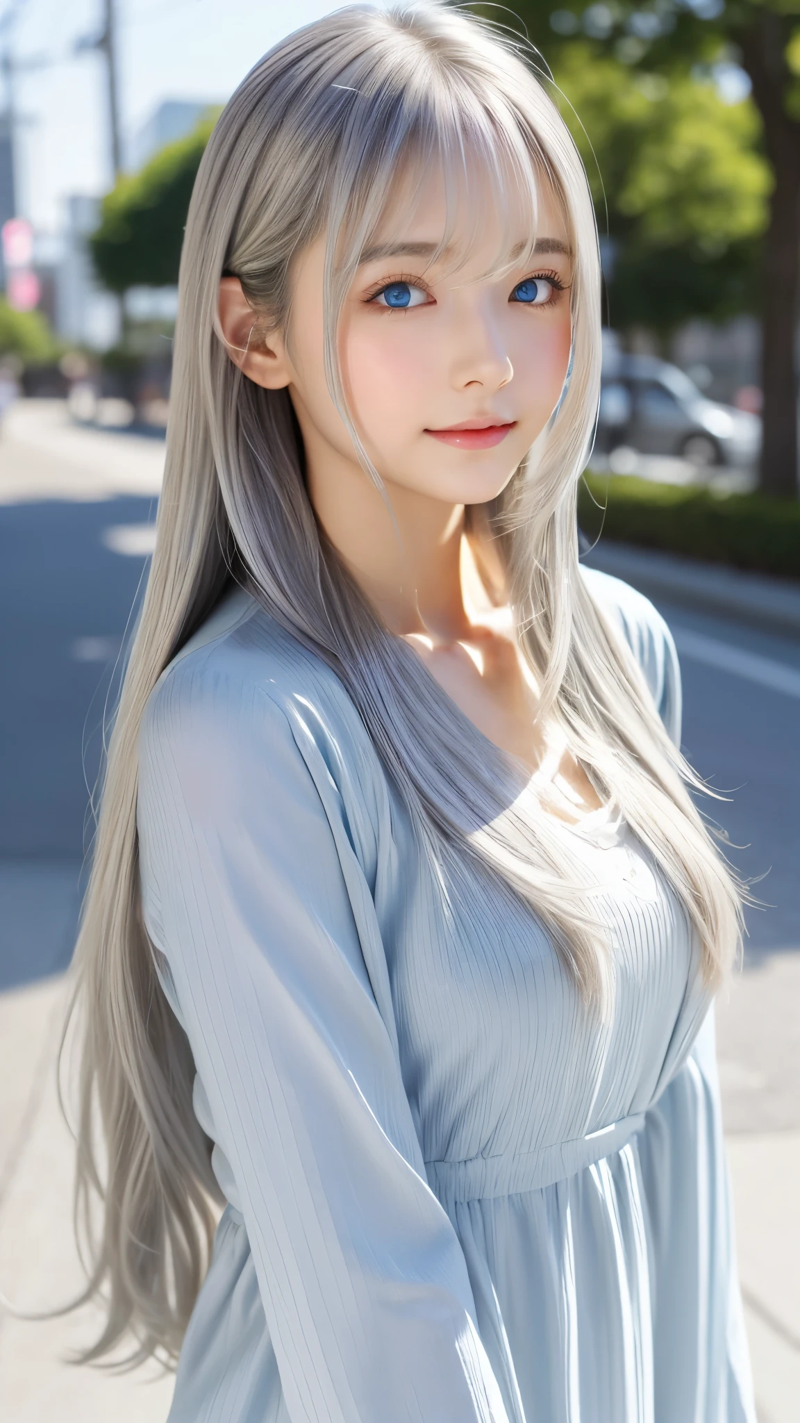 Shining, clear, white skin、Her windblown silver hair hides her beautiful face.、huge、Sexy beautiful face of 28 years old、Beautiful straight hair that stands out、growing up, Sparkling light blue eyes、Sexy long silky bangs covering the eyes, Sexy young woman with super long hair hiding her sexy face、Shining hair