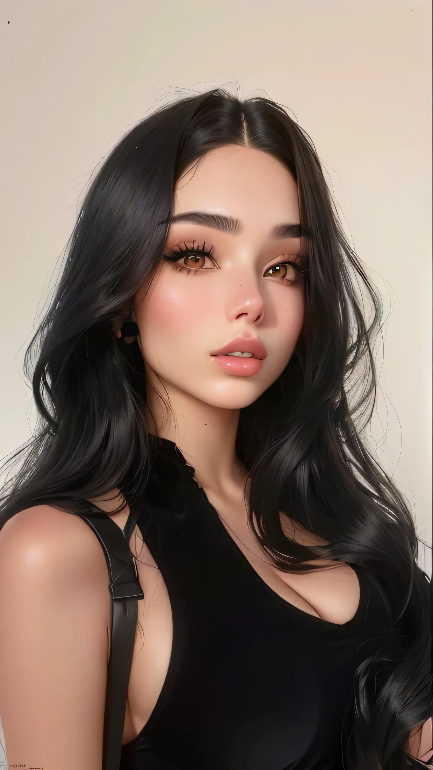 a closeup of a woman with long black hair and a black top, Portrait Sophie Mudd, perfect face ), Anastasia Ovchinnikova, extremely beautiful face, bella poarch, 18 years, Kailee Mandel, Violet Myers, pale skin persian girl, beautiful and attractive face, wonderful dark hair, sexy girl with dark brown hair, Beautiful latin face