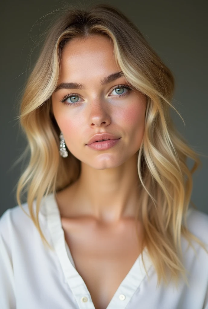 plan de tout le corps d'a woman with a white top and earrings'ears, 19-year-old female model, cheveux blonds et grands yeux, Portrait Sophie Mudd, Very beautiful young woman, beautiful blonde girl, extremely beautiful face, thanks alexa, a beautiful ager, Pretty young woman, fille de 19 ans, magnifique jeune mannequin
