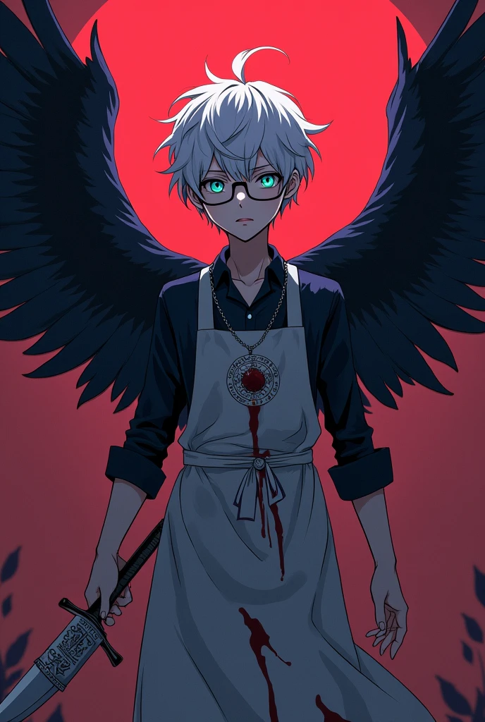 A 16 year old boy with raven wings, he has short white hair, he is wearing an apron, he has fair skin, his right eye is green and his left eye is blue, he is wearing blue latex underwear and is not wearing shoes, he is wearing glasses and is flying during a red moon, his apron is covered in blood and this image has to be in anime, the boy cannot have a beard and he has to be quite handsome.