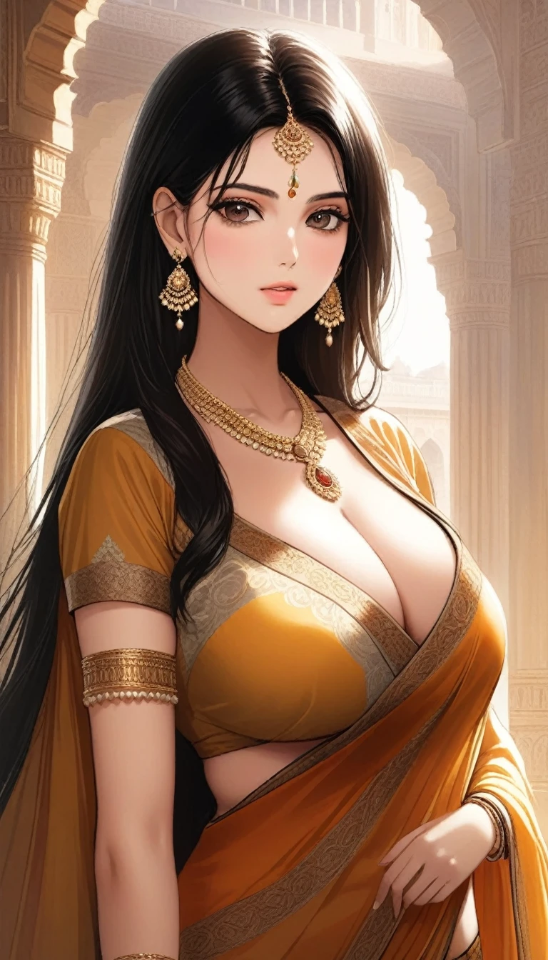 a stunningly beautiful indian princess with piercing dark eyes and delicate facial features, her long wavy dark hair cascading down , wearing an ornately embroidered and flowing colorful silk saree, adorned with exquisite gold jewelry including a necklace, bangles, rings and anklets, with a fierce yet serene expression, set against of an opulent and historically accurate palace with intricate architectural details, soft amber candlelight casting warm shadows and highlights across her face and form, a sense of regal elegance and cultural heritage infused with a touch of contemporary digital artistry, breathtaking realism blended with ethereal fantasy, masterfully executed with meticulous attention to detail and emotional depth,saggy breasts ,front view, cleavage