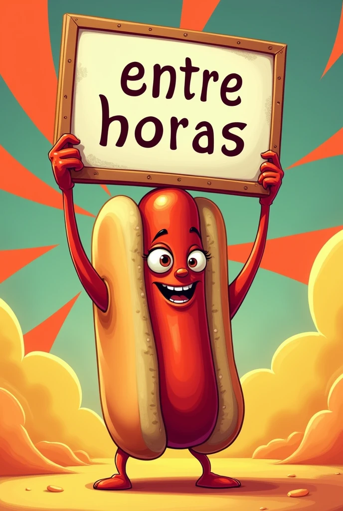 Create a picture of a hot dog that says on a sign "between hours" in Spanish 