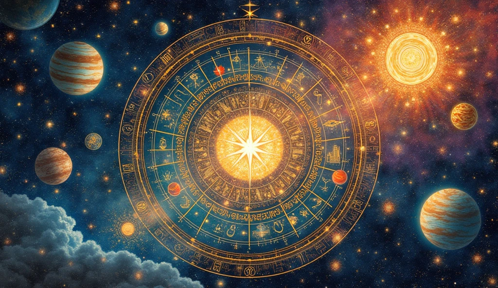 A beautifully illustrated cosmic tapestry showing the integration of planetary and zodiac influences. The image is colorful and intricate, highlighting the interconnectedness of astrological elements. -ar 16:9