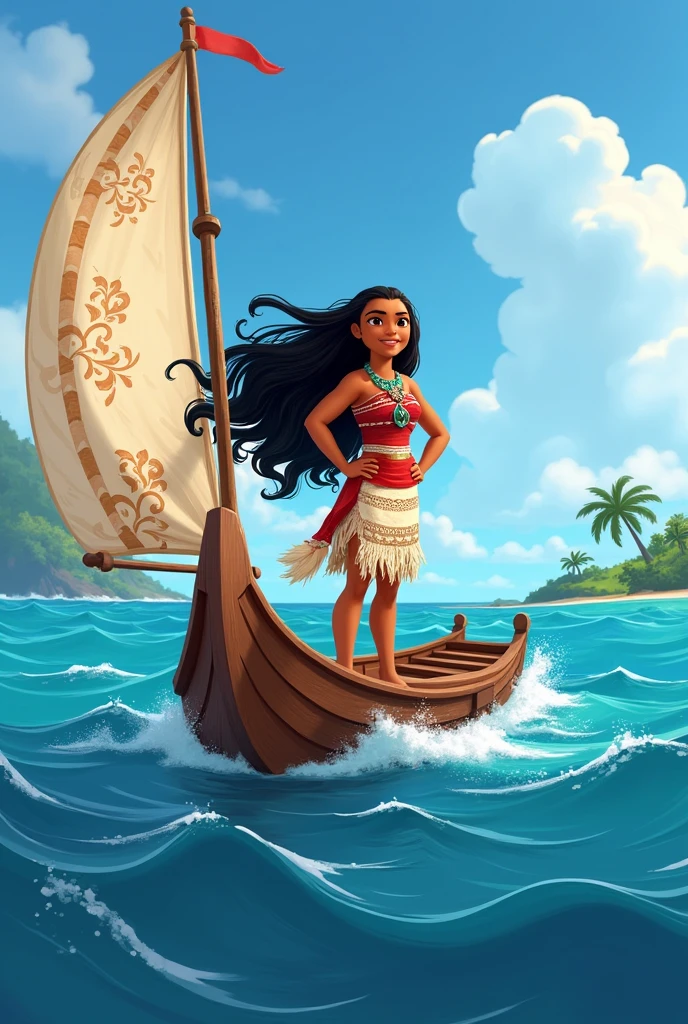 A cartoon image of Moana in a boat.