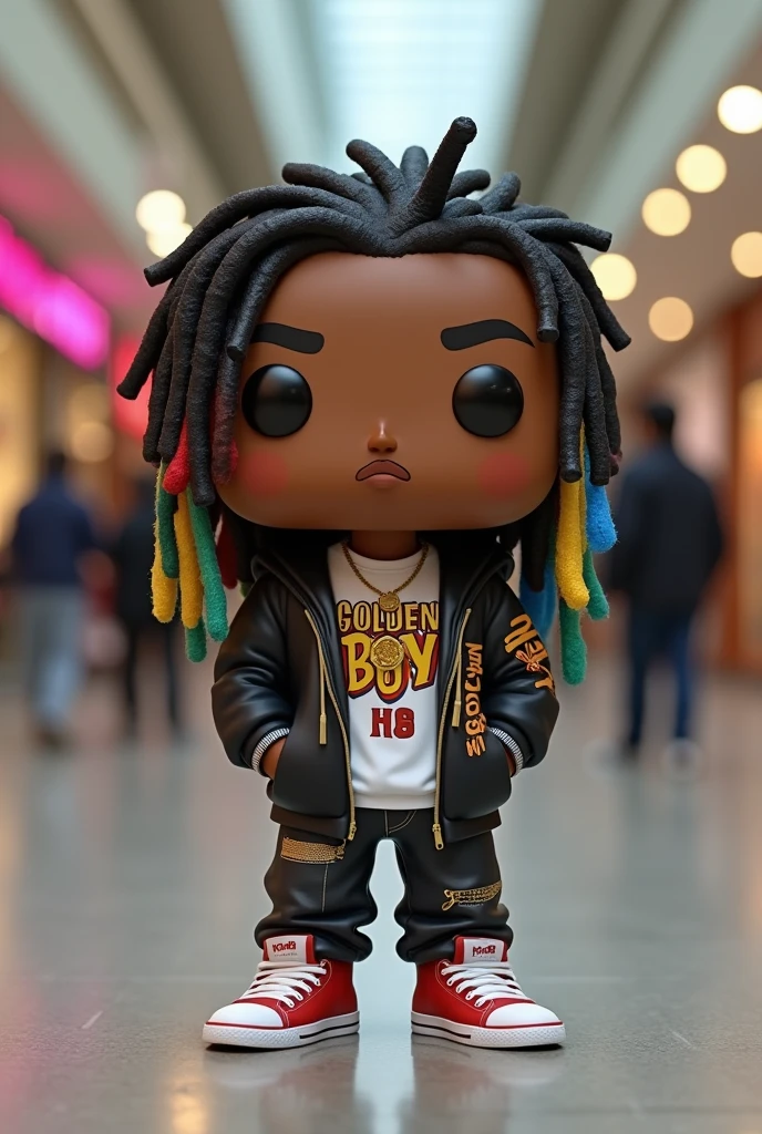 "Design a 3D-rendered Funko Pop figure of a 20-year-old American rapper with colorful dreadlocks. The character should have a confident and stylish appearance, wearing urban clothing typical of the rap scene—think oversized hoodie, baggy jeans, and sneakers. The Funko Pop should be displayed both inside and outside a black-and-white limited edition box with the text 'Golden Boy' prominently featured in modern typography. The box should allow clear visibility of the figure while highlighting its special edition status. Place the figure against a background of a bustling shopping mall, adding depth and context to the scene."