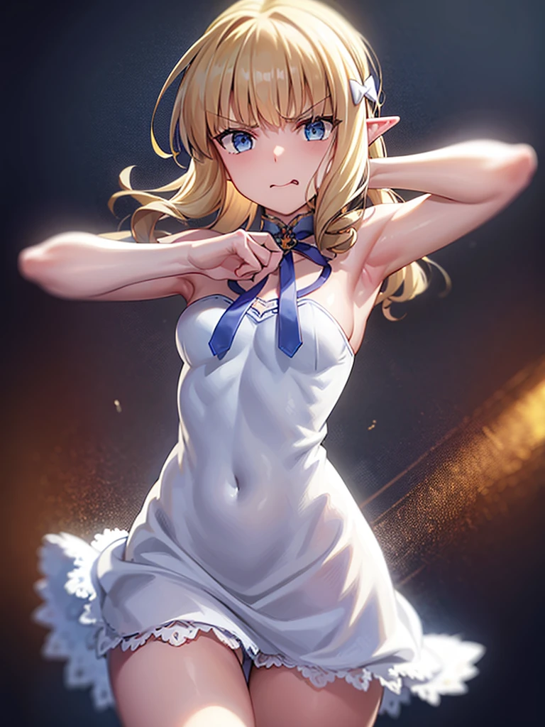 masterpiece,best quality, A girl, Gloves, Elbow Groove, Necklace, White Dress, Chest, clavicle, Ponytail, Chest乳沟, Off-shoulder dress, bow, Show your shoulders, short hair, Blue Necklace, Hair bow, Blue Ribbon, Large Breasts, Adult 20 years old, whole body, From head to legs, Detailed body, Delicate face, mouth close, Elf ears, without weapons, For the audience.,Fight with sword