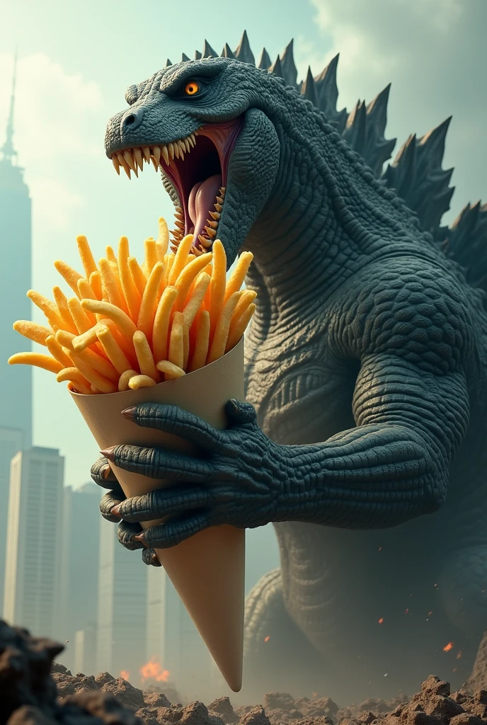 Godzilla holding a cone of French fries