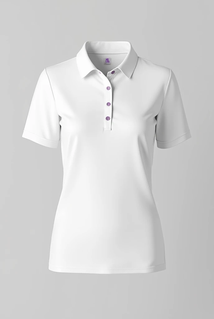 Mockup polo shirt for women in full white color, lilac buttonhole and buttonhole