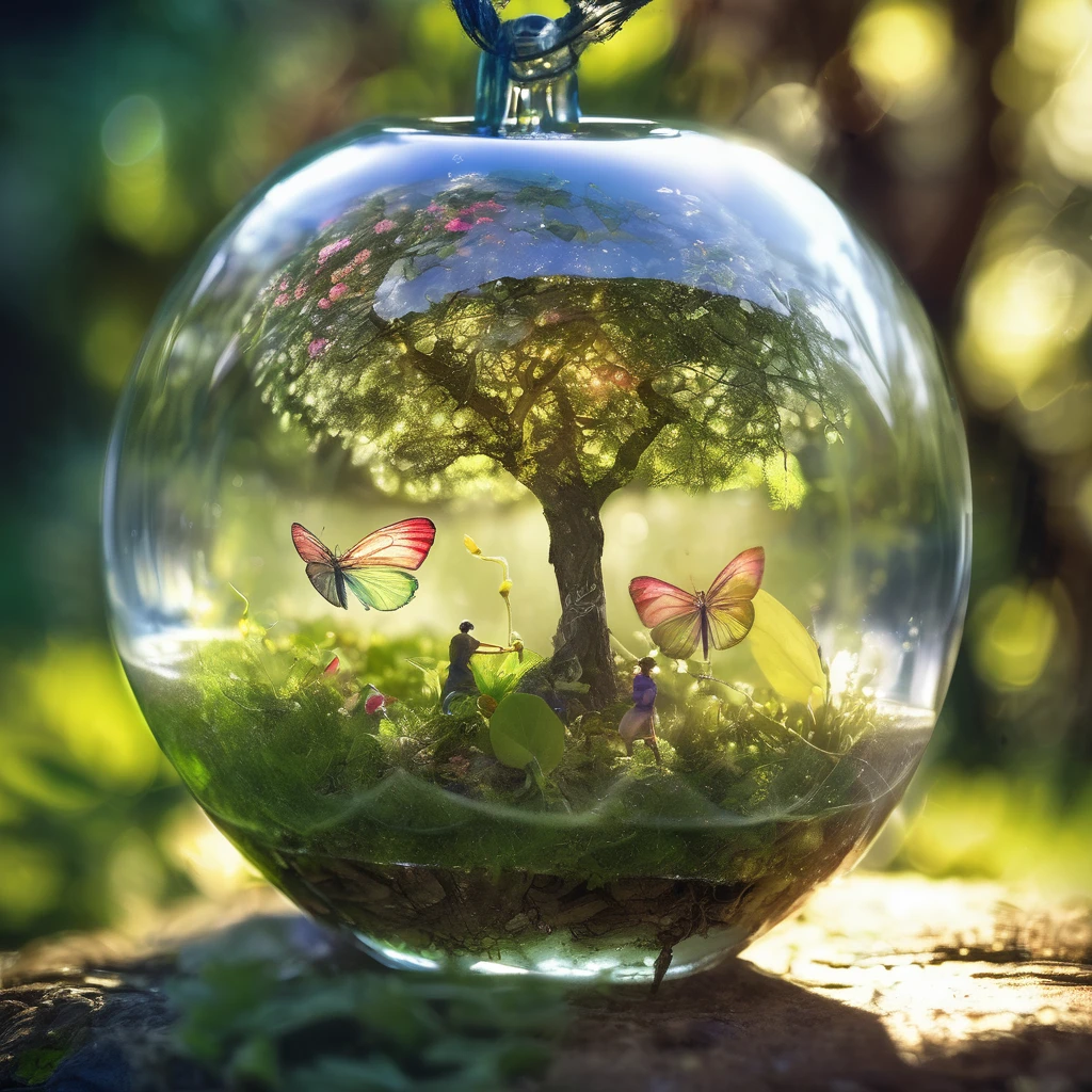 Double exposure photo image, combining a small fairyland with fairies and a glass apple, glass apple hanging on a tree branch with leaves, inside a glass apple there is a fairyland with fairies with their own details, finely inscribed inside a glass apple, Clear Focus, great depth of field , Doubleexposure, hyper realistic, Extremely detailed, ray traced, Cinematic, HDR, Photorealistic (Doubleexposure:1.1)