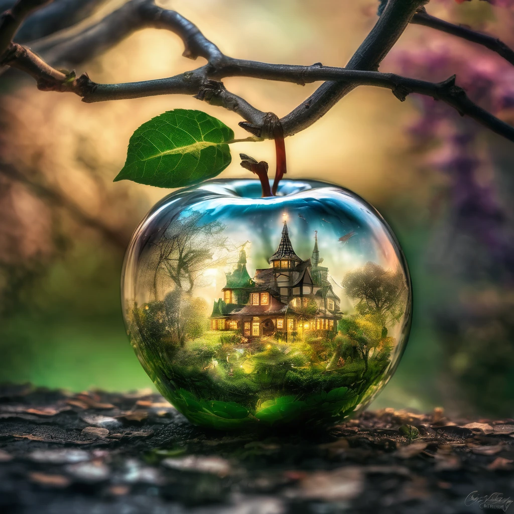 Double exposure photo image, combining a small fairyland with fairies and a glass apple, glass apple hanging on a tree branch with leaves, inside a glass apple there is a fairyland with fairies with their own details, finely inscribed inside a glass apple, Clear Focus, great depth of field , Doubleexposure, hyper realistic, Extremely detailed, ray traced, Cinematic, HDR, Photorealistic (Doubleexposure:1.1)