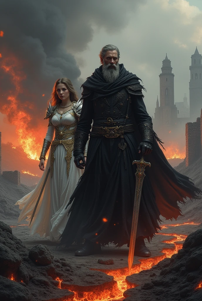 Design a highly detailed and atmospheric cover for a dark fantasy novel set in a grim, medieval world. The scene should depict a war-torn, desolate landscape, filled with the ruins of once-great castles and ancient cities now reduced to rubble. The ground is scorched and cracked, with rivers of molten lava snaking through the land, illuminating the scene with a fiery, hellish glow. In the distance, several burning structures crumble into ash, with massive clouds of smoke billowing into the sky. Embers float through the air, adding to the apocalyptic atmosphere.In the foreground, the main character, Carl Silford, stands as a dominant figure, towering over the desolation around him. He is clad in a black, tattered robe that flutters ominously in the wind, the fabric worn and frayed as though it has seen countless battles. The robe’s hood is pulled back, revealing Carl’s stern and weathered face, his eyes glowing faintly with an inner darkness. His expression should be one of intense determination, with a hint of the darkness that lingers within him, symbolizing his former life as a villain. In his hand, he grips a massive, ancient sword. The blade is etched with arcane symbols that faintly glow with dark, ethereal energy. Black flames lick the edges of the sword, casting eerie shadows that dance across Carl’s face and the ground around him.Beside Carl, slightly behind and to his left, is Maia Hercher, the story’s tragic heroine. Maia’s presence contrasts sharply with Carl’s dark aura. She is clad in radiant white armor, intricately designed with golden accents that shimmer even in the dim light of the burning world. The armor is both functional and elegant, combining the strength of a warrior with the grace of a savior. Her face should show a mixture of resolve and sorrow, her eyes reflecting the heavy burden of her fate—she knows she must die to save the world, but she is ready to make that sacrifice. Maia holds an ornate staff topped with a glowing crystal that puls