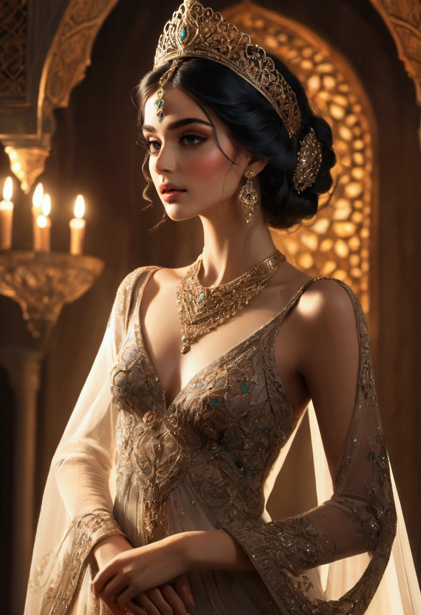 a beautiful persian female model, elegant and graceful, wearing magical realism style fashion design, high fashion editorial, dramatic lighting, ethereal, cinematic,  ((Inspired by Megan Hess)), masterpiece, best quality, 8k, ultra-detailed, photorealistic, dramatic shadows, warm color tones, dramatic chiaroscuro lighting, fantasy, magical realism, intricate and ornate details, flowing fabric, dynamic pose, captivating gaze, delicate features, flawless skin, luxurious jewelry, intricate headpiece, mesmerizing