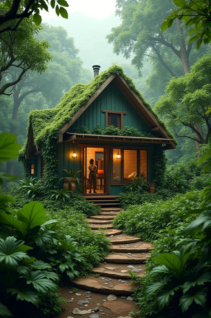 Man living in green house jungle