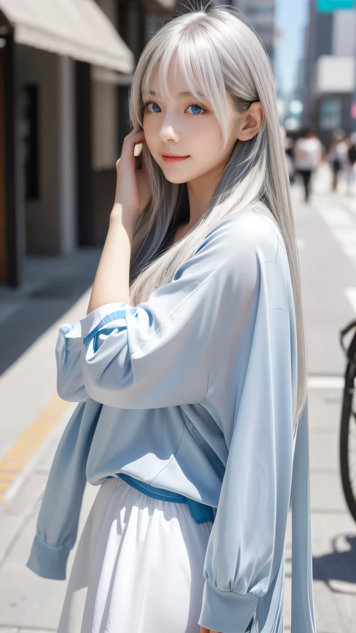 Shining, clear, white skin、Her windblown silver hair hides her beautiful face.、huge、28 years old cute sexy little beautiful face、Beautiful straight hair that stands out、growing up, Sparkling light blue eyes、long silky bangs that cover cute eyes, Sexy and cute young woman with super long hair hiding her sexy face、shining silver hair