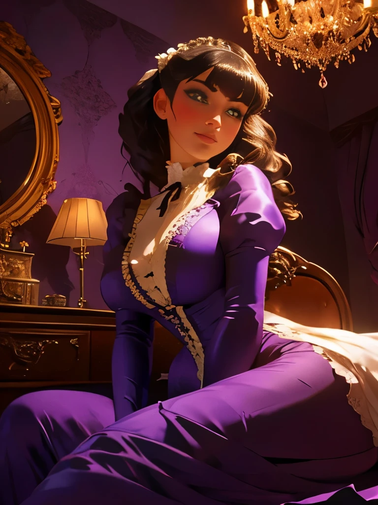araffe sitting on a bed in a purple room with a chandelier, victorian room, miss aniela, boudoir, draped in purple, victorian setting, inspired by Evgeny Lushpin, in victorian aristocrat, dreamy atmosphere and drama, inspired by James Tissot, victorian style, in a bedroom, inspired by Pierre Auguste Cot, inspired by Thomas Stothard