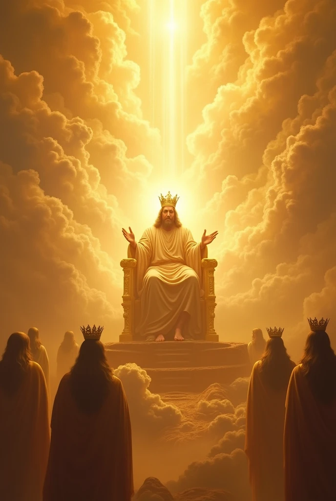 Create art inspired by Acts 7:55, with the glory of God at the center, surrounded by clouds and angels. God the Father is seated on a golden throne, wearing a crown, with Jesus at his right hand, also crowned. Instead their faces, show an intense glow of light that completely hides their faces. Use soft cores, bright and golden to create an atmosphere of spirituality and divine majesty.