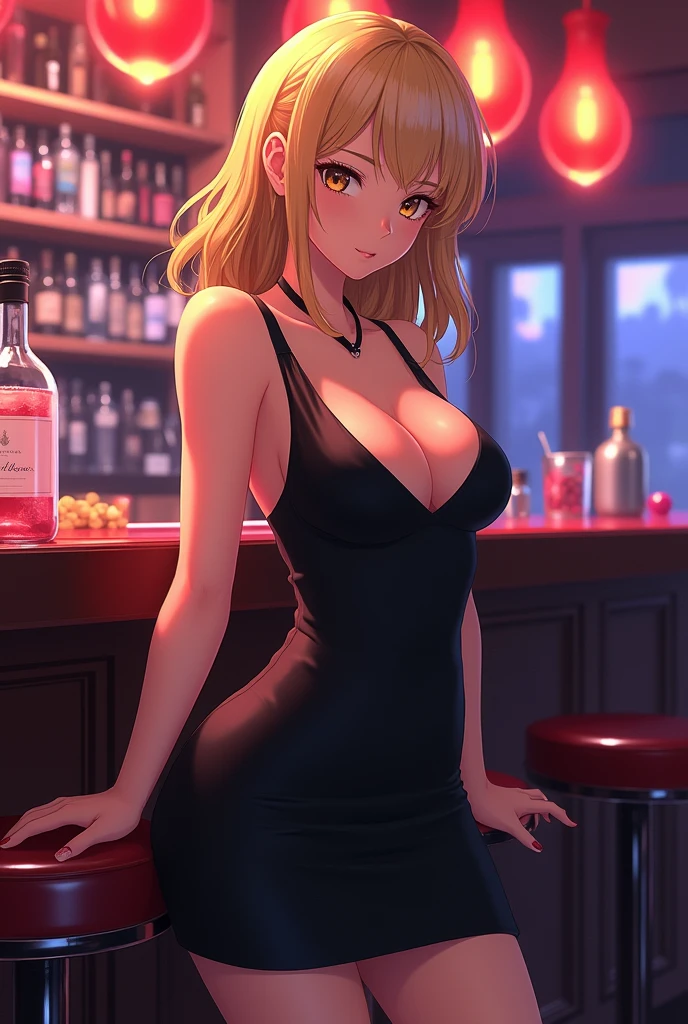 A blonde woman with chest-length hair and brown eyes and a short black dress with a cleavage and a medium-sized breast and she was in a club leaning on the bar counter sideways and all this in anime version