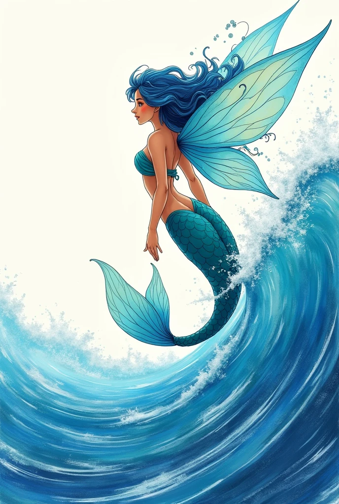 Create a drawing of a fairy on the waves of the sea 