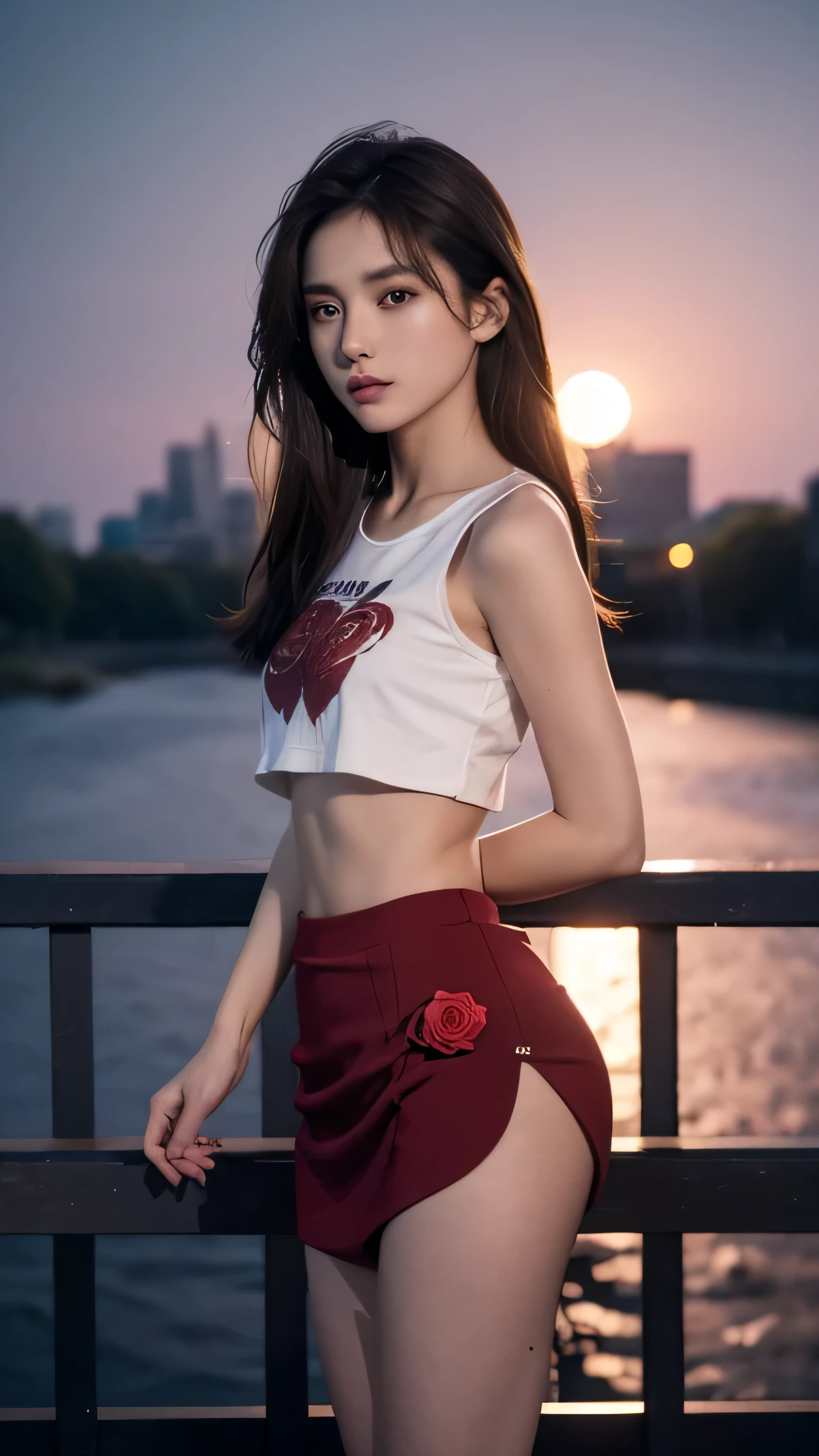 1girl, high detailed face and body, standing on the river bridge, waiting in the dark of moonlight , medium brown hair, intricate detailed pose, crop top t shirt and mini skirt, small Boobs, holding a red rose