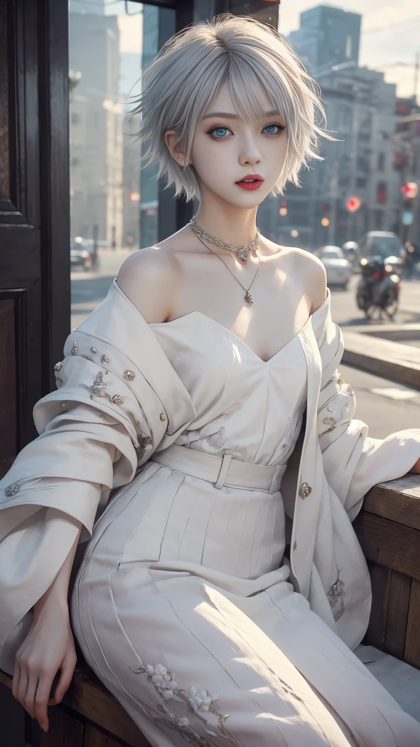 masterpiece, Highest quality, ((1 Female)), (((Completely naked))),Different white colors, Fine eyes and a fine face, Intricate details, Casual black and white attire, window, Laughter, happiness, Kindness, high resolution、Selfie, Beautiful woman、expensive、Small Face, D Cup, Upper body、Sunset, Night Scenery、𝓡𝓸𝓶𝓪𝓷𝓽𝓲𝓬、Korean, Idol Photos, Model Photo, K-Pop, Professional photos, vampire, Black and white Korean fashion, Fedman wearing a necklace, Inspired by Shim Sa-jeong, 両性具有のvampire, :9 detailed face: 8, Very detailed顔, Detailed punk hair, ((Eyes are dead)) Swollen eyes, Fascinating. Very detailed, Semi-realistic anime, vampire, Surreal , Delicate androgynous princess, sheep, ((Short Hair Woman)), A white-haired woman with a wild look, ((Woman with short grey hair)), ((1 person)), Sitting,