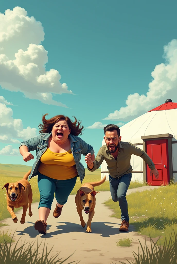 A fat women walking on canada road near ger house with her long husband . while a dog ran on her back to bite her, she cries and ran to save her self and her husband also ran forward but her foot got twisted and injured