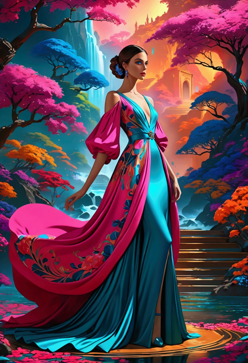 Beautiful Italian female model，Flowing magic realism dress，High Fashion，Elegant posture，Complex design，Eye-catching makeup，Dramatic lighting，Fantasy Background，Vibrant colors， ((Inspired by Megan Hess)), Concept Art, (best quality,4K,8k,highres,masterpiece:1.2)