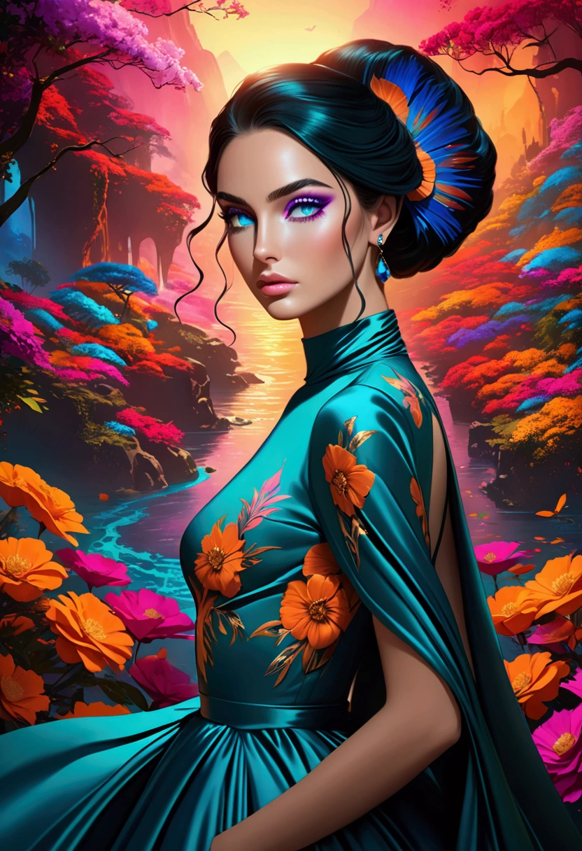 Beautiful Italian female model,Flowing magic realism dress,High Fashion,Elegant posture,Complex design,Eye-catching makeup,Dramatic lighting,Fantasy Background,Vibrant colors, ((Inspired by Megan Hess)), Concept Art, (best quality,4K,8k,highres,masterpiece:1.2)