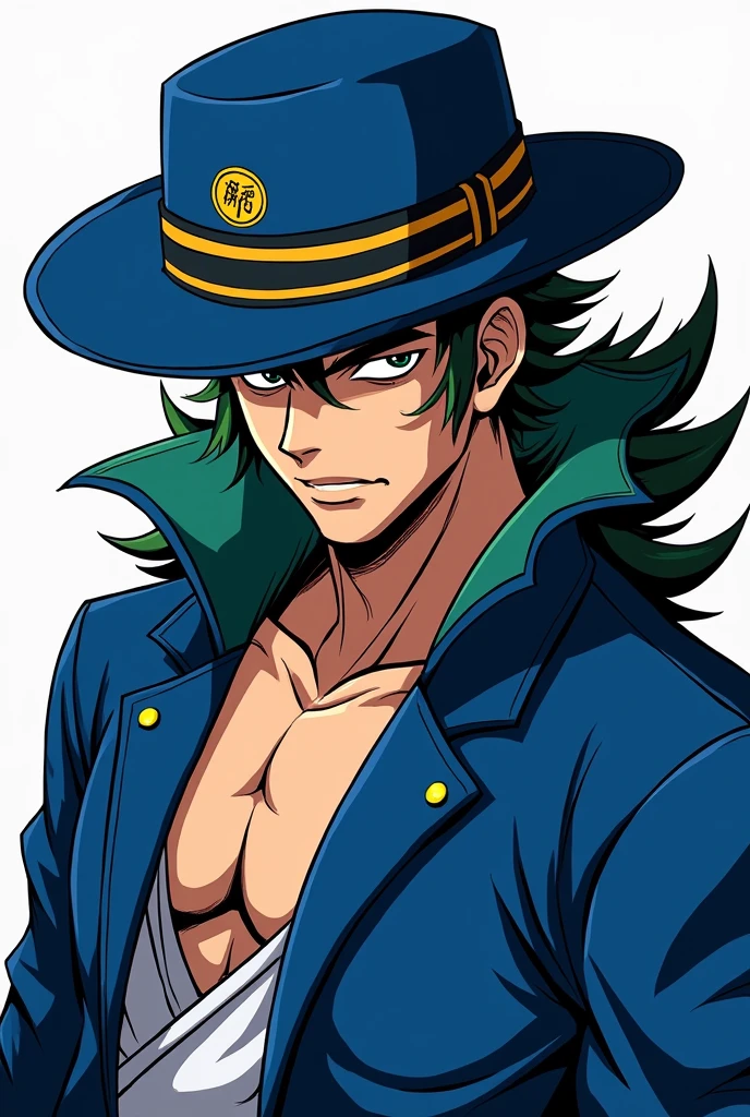 An anime character wearing a blue hat and a blue jacket, Joseph Joestar, jotaro kujo, Jojo anime style, jotaro, Becoming a JoJo character, In Jojo\The Bizarre Adventure of, Ninja scroll anime style, an angry muscular army general, Kentaro Miura's Manga Art Style, JJBA, Joe Biden as a JoJo character, striking manga artstyle,Dwayne Johnson style,((Defective Japan))