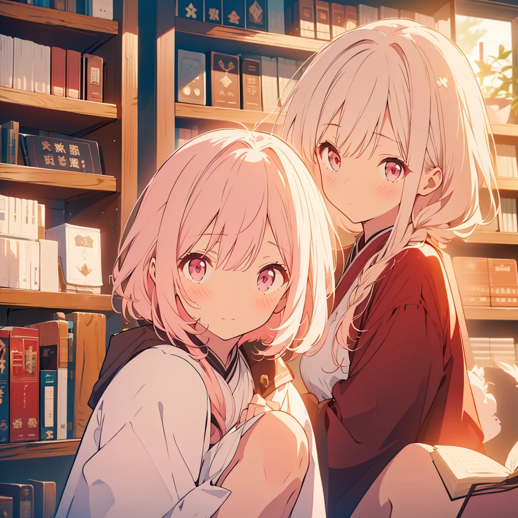 White lily、A girl with short light pink hair、Scarlet Eyes、Highlight on eyes、Crouching down to read a book、Embarrassed expression、Library、Detailed facial expressions、cute、8k、high resolution、Daytime、Bright sunlight、Blushing