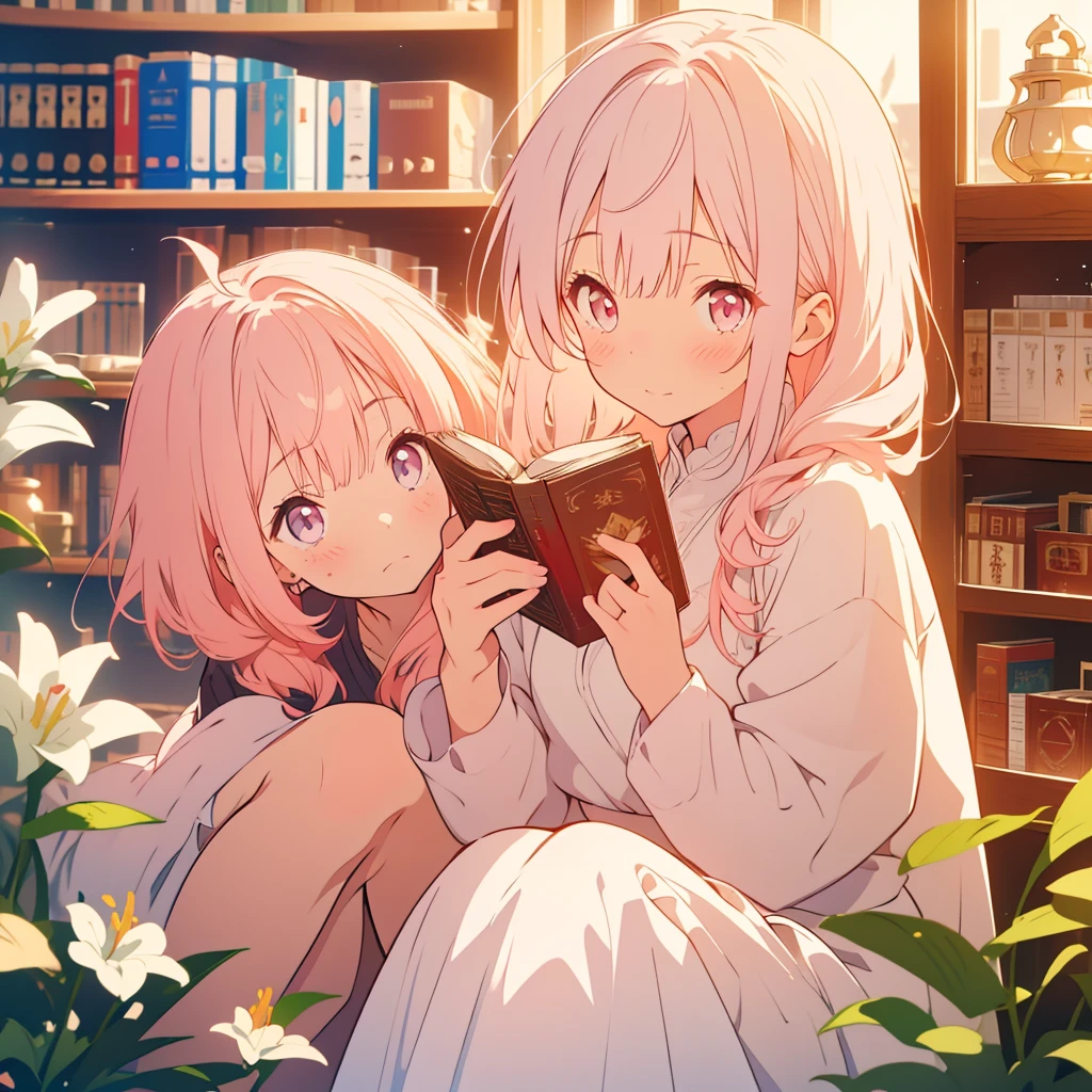 White lily、A girl with short light pink hair、Scarlet Eyes、Highlight on eyes、Crouching down to read a book、Embarrassed expression、Library、Detailed facial expressions、cute、8k、high resolution、Daytime、Bright sunlight、Blushing