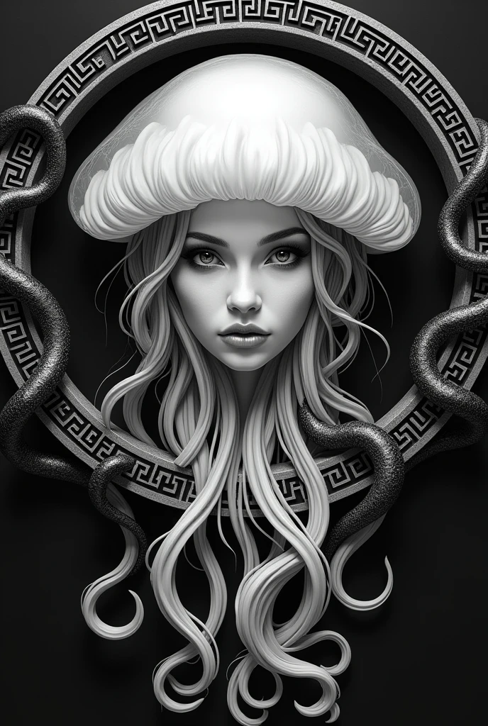 jellyfish head. female face inside a greece-type circle in black lines with black and white snakes