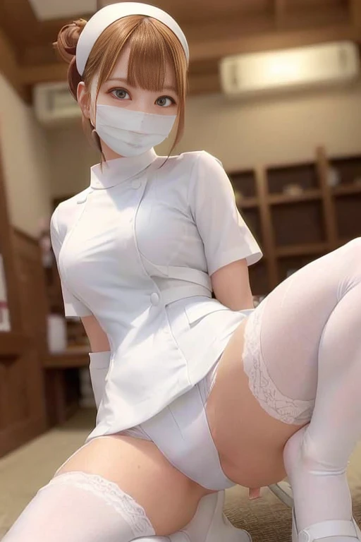 Browsing Caution, (Ultra-realistic),(High resolutionのクローズアップ), Portrait of a girl from knee to head, ultra high density skin, Beautiful lighting, Awards - Winning Photos, (8k), (High resolution;1.3), (Best illustrations), (Highest quality), (Very detailed), (masterpiece), (wallpaper), (((High resolutionの目))),((Detailed eyes)),(Perfect Eyes),Symmetrical eyes, (Detailed face),((Perfect Face)), (Perfect body), (Shoot in the back),(From below:1.2), (Wear a mask and rubber gloves:1.3),(A female nurse holding a stethoscope in her hand at the pharmacy:1.2),nurse, 完璧な日本のnurse, ((white,襟付きのwhiteいnurse_短くてwhiteユニフォーム:1.3)),tight,Short sleeve:1.2, nurse,white stick pants, The genitals are wet,Pee,Peeing,((濡れているtightなwhiteスティックパンツ:1.3))), whiteスティックパンツ,See-through underwear,panties,Perfect panty lines:1.3, (Erotic Pharmacy:1.3), ((Sexy Japanese Women,28 years old,(Hair Bun),168cm,Chubby,Round face)):1.2,Embarrassed face, mansuji, Only one knee is bent, white靴下とナースシューズ