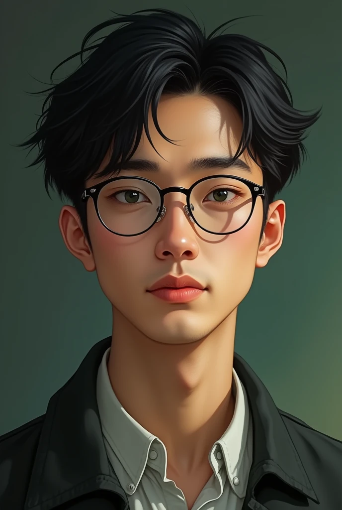 Male teacher with glasses, Asian, vibrate green eyes, black hair, lean and sharp features with a vintage and rich style as well as light tanned skin, and 5ft 9 And is 21 years old but looks a bit aged. And sexy with two buttons undone. Round face