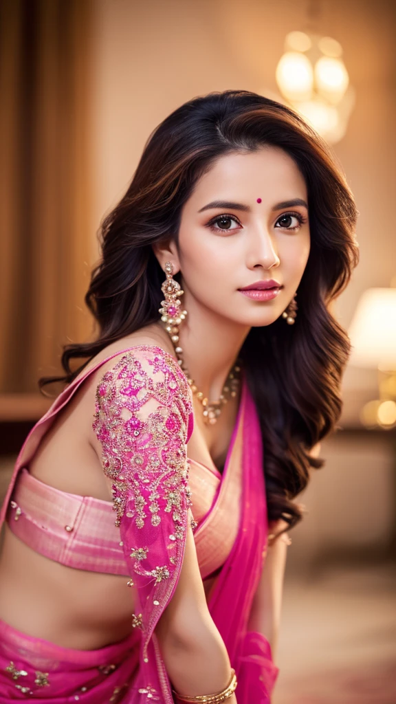 (realistic,photorealistic,photo-realistic:1.37),highly detailed,pink color saree,gorgeous women,beautiful detailed eyes,beautiful detailed lips,realism style,dynamic pose,full body,8k quality,depth field,wavy long black hair,professional portrait lighting,vivid colors,ultra-sharp focus,soft natural lighting,sophisticated expression,breathtaking composition,subtle background,highres.