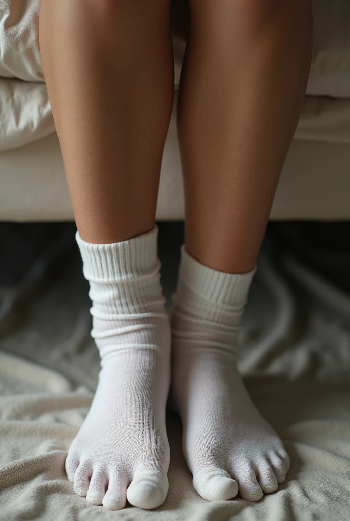 Legs of a smiling white woman with long hair and dirty white socks sitting on the sofa