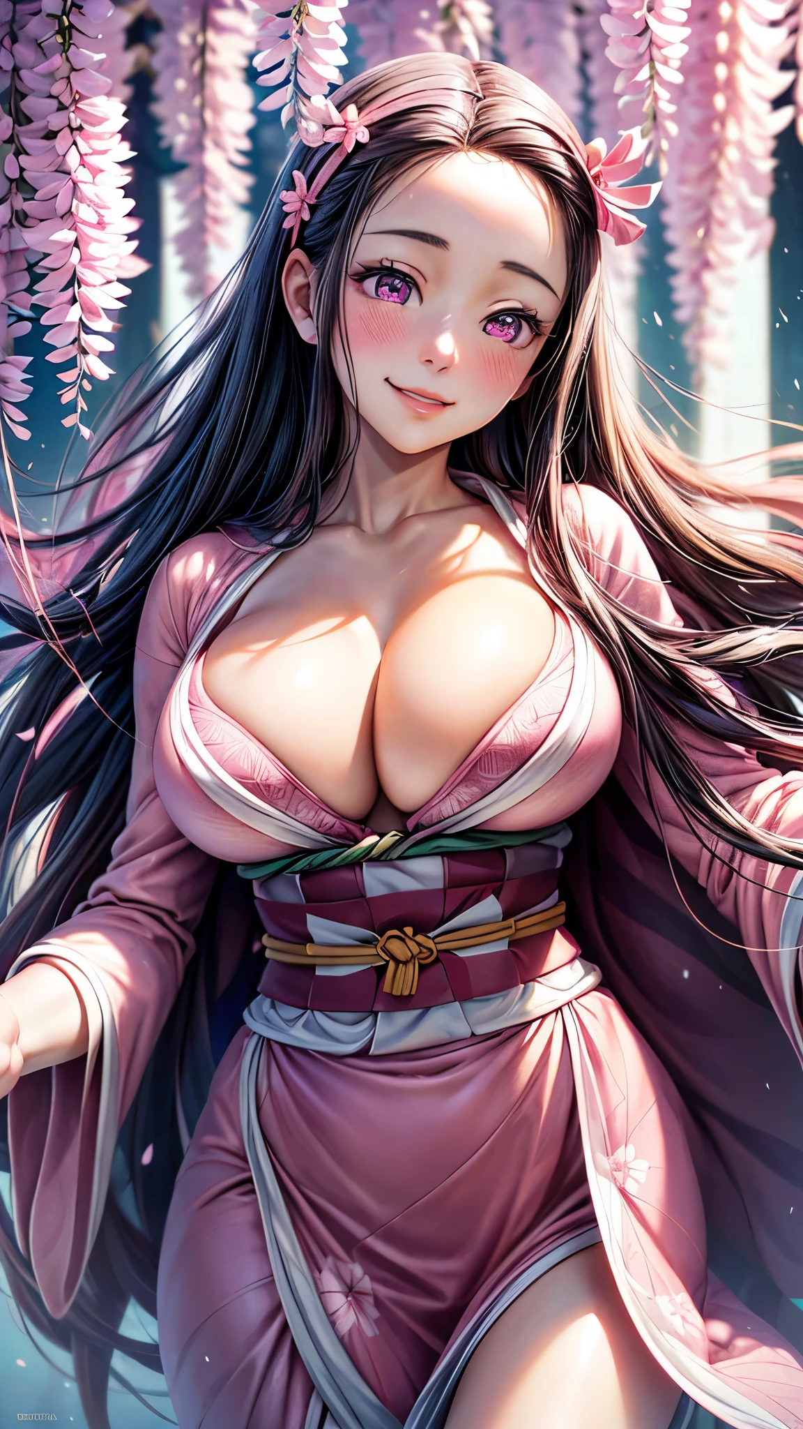 nezuko,(masterpiece, Highest quality:1.3), (Super detailed:1.4),(Super detailed顔:1.2),(Super detailed目:1.2), (hyperRealistic:1.3), (RAW Photos:1.2), High-definition RAW color photos, Professional photos, (PhotoRealistic:1.4), (Realistic:1.4),8k,Professional Lighting, Perfect Anatomy, BREAK,(Big Breasts:1.4),(blush:1.2),(Bright smile:1.2),detail, Sharp focus, dramatic,dutch angle,Wisteria field,Pink kimono,(Pink eyes:1.2),