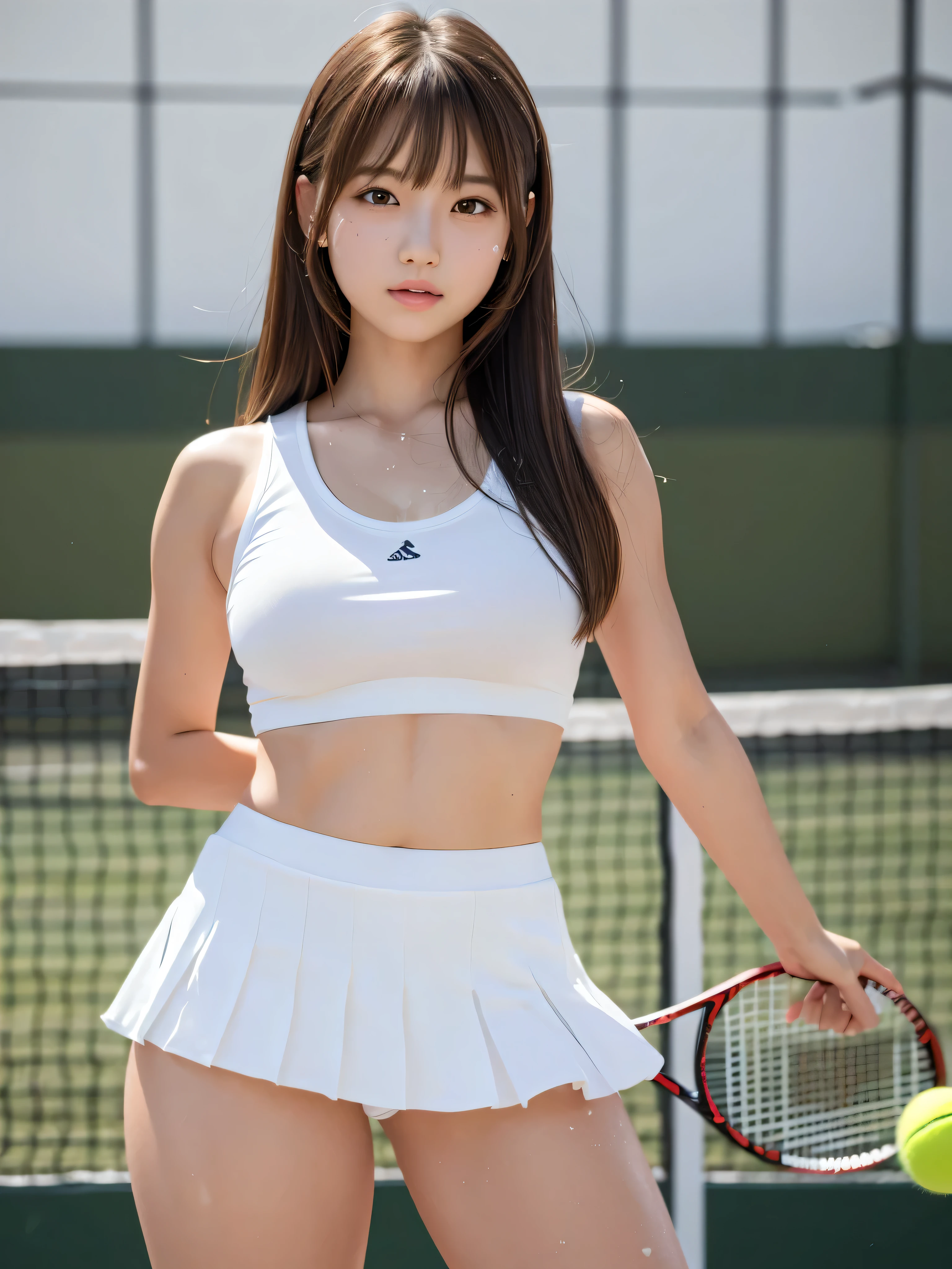 Product quality,1 girl,Cowboy Shot,Front view,Thigh Emphasis,(Knee-deep shots:1.3),Young and sexy Japanese girl,18-year-old,Tennis court,Snazzy,Wearing white tennis wear,Wearing a white super short micro pleated mini skirt,No underwear,((Small Head,face:0.4))Super cute face,Baby's face,Glossy Lips,Double eyelids on both eyes,(Natural Makeup),Small and cute nose,shiny smooth light brown hair with long hair,,Asymmetrical bangs,Center image,8k resolution,Attention to detail,Detailed hairstyle,detailed face,Cinema Lighting,Octane Rendering,ultra-realistic,Perfect limbs,Voluptuous thighs,Huge breasts, Soft Skin,(Glowing Skin, Sweaty: 1.3),Perfect Anatomy,