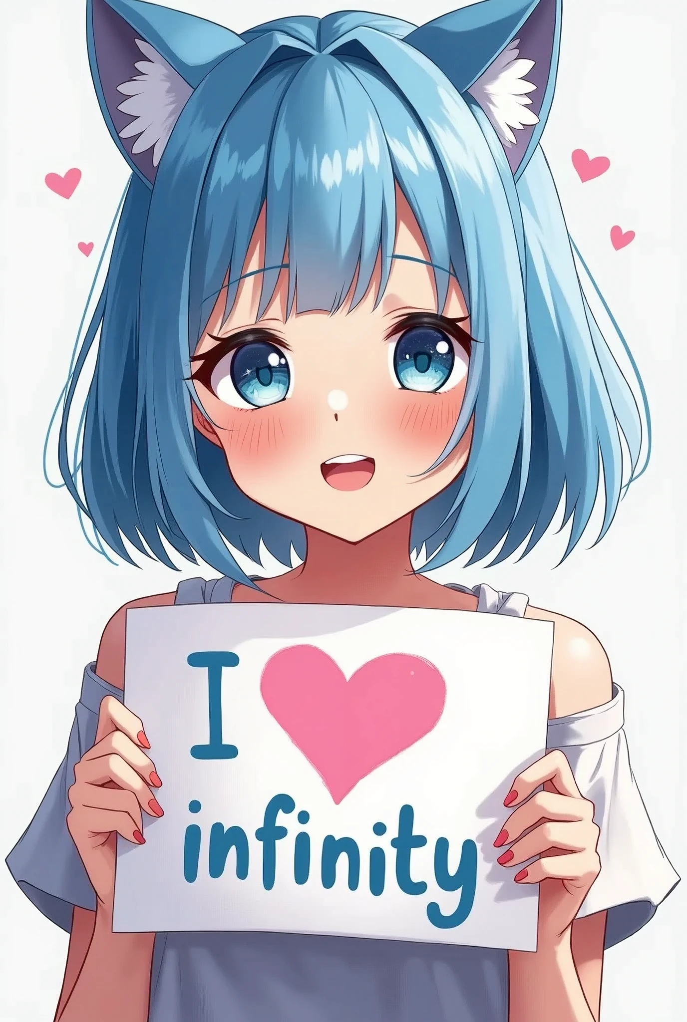 a beautiful and cute woman holding up a sign "i love infinity", joyful, happy, anime illustration, photorealistic, oil painting, blue bob hair, blue cat ear, blue eyes