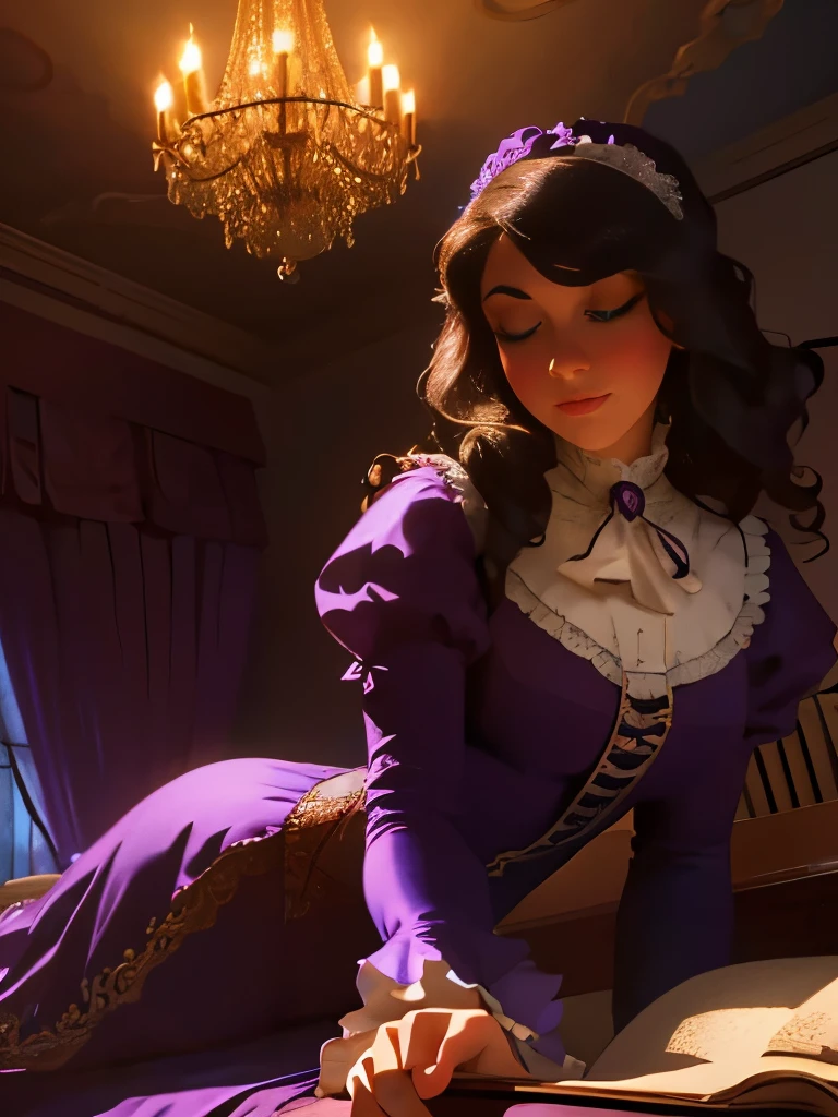 araffe sitting on a bed in a purple room with a chandelier, victorian room, miss aniela, boudoir, draped in purple, victorian setting, inspired by Evgeny Lushpin, in victorian aristocrat, dreamy atmosphere and drama, inspired by James Tissot, victorian style, in a bedroom, inspired by Pierre Auguste Cot, inspired by Thomas Stothard