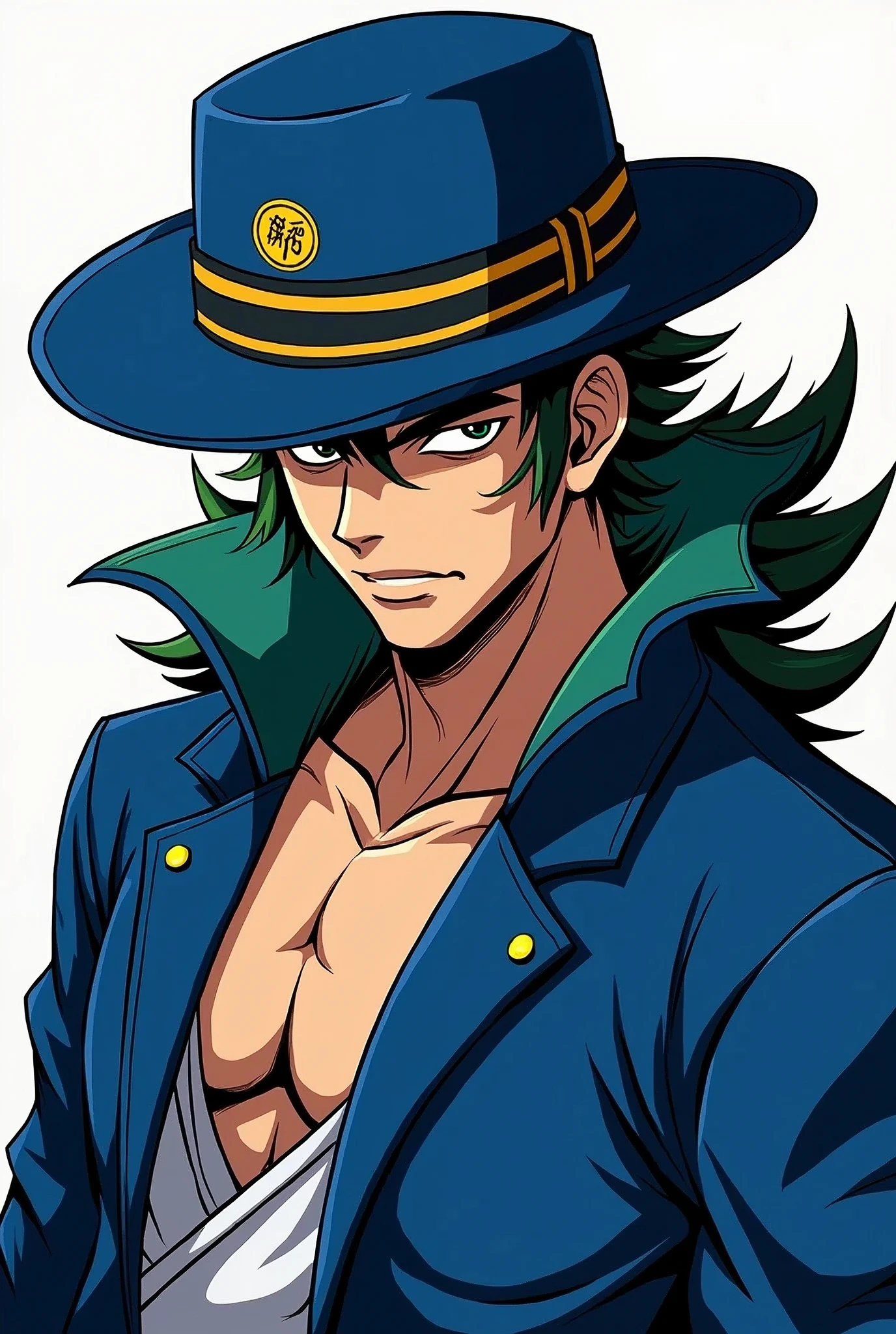 An anime character wearing a blue hat and a blue jacket, Joseph Joestar, jotaro kujo, Jojo anime style, jotaro, Becoming a JoJo character, In Jojo\The Bizarre Adventure of, Ninja scroll anime style, an angry muscular army general, Kentaro Miura&#39;s Manga Art Style, ＪＪＢＡ, Joe Biden as a JoJo character, striking manga artstyle,Dwayne Johnson style,((Defective Japan))