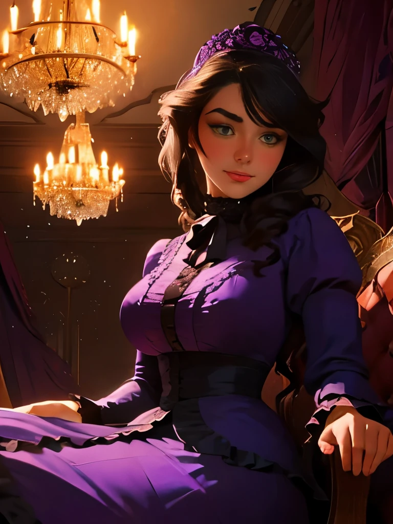 araffe sitting on a bed in a purple room with a chandelier, victorian room, miss aniela, boudoir, draped in purple, victorian setting, inspired by Evgeny Lushpin, in victorian aristocrat, dreamy atmosphere and drama, inspired by James Tissot, victorian style, in a bedroom, inspired by Pierre Auguste Cot, inspired by Thomas Stothard