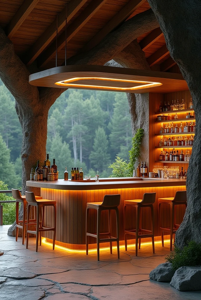 I have a hotel in the mountains with a nature theme, I want you to make a bar or mini bar with that theme